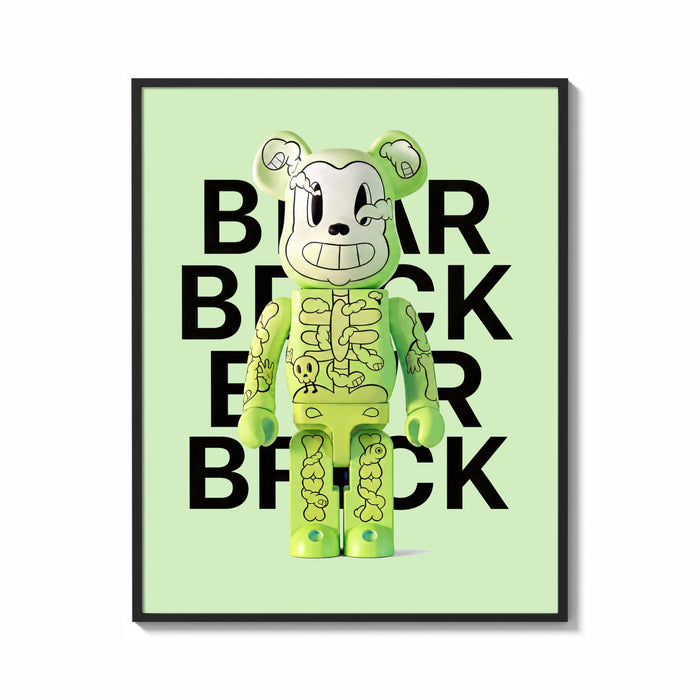 Framed Green Glow Skeleton Bearbrick print shown as a bold statement piece on a clean gallery wall