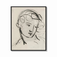 Framed woman's head in flowing contour lines vintage art print print shown as a bold statement piece on a clean gallery wall
