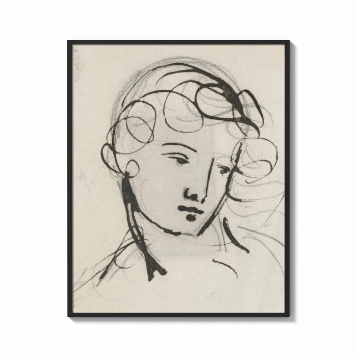 Framed woman's head in flowing contour lines vintage art print print shown as a bold statement piece on a clean gallery wall
