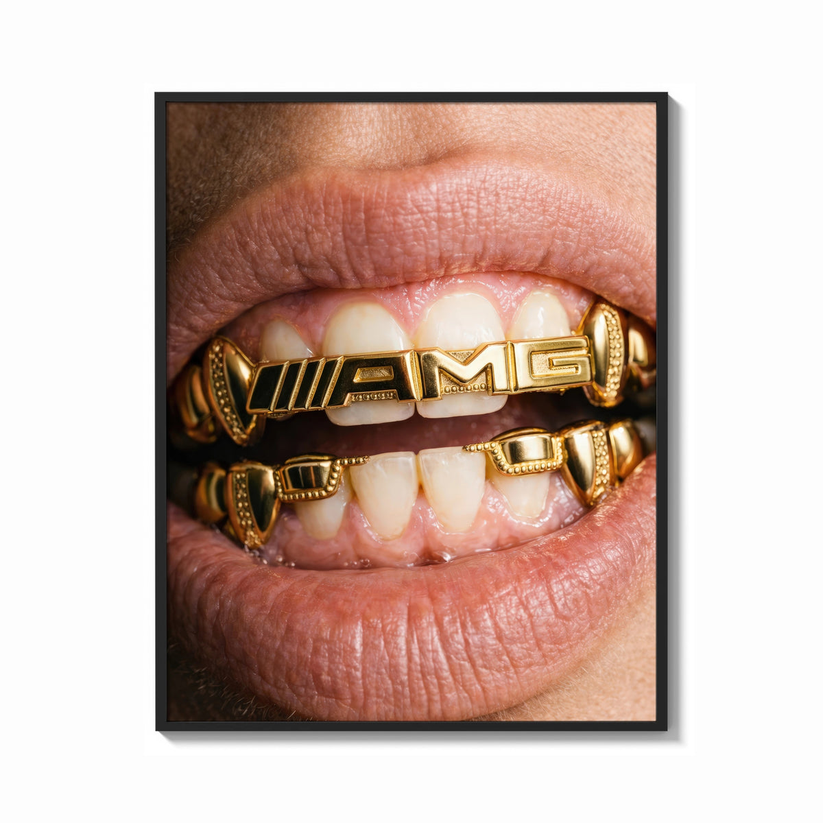 Framed AMG Grillz Gold Grill print shown as a bold statement piece on a clean gallery wall