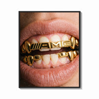 Framed AMG Grillz Gold Grill print shown as a bold statement piece on a clean gallery wall