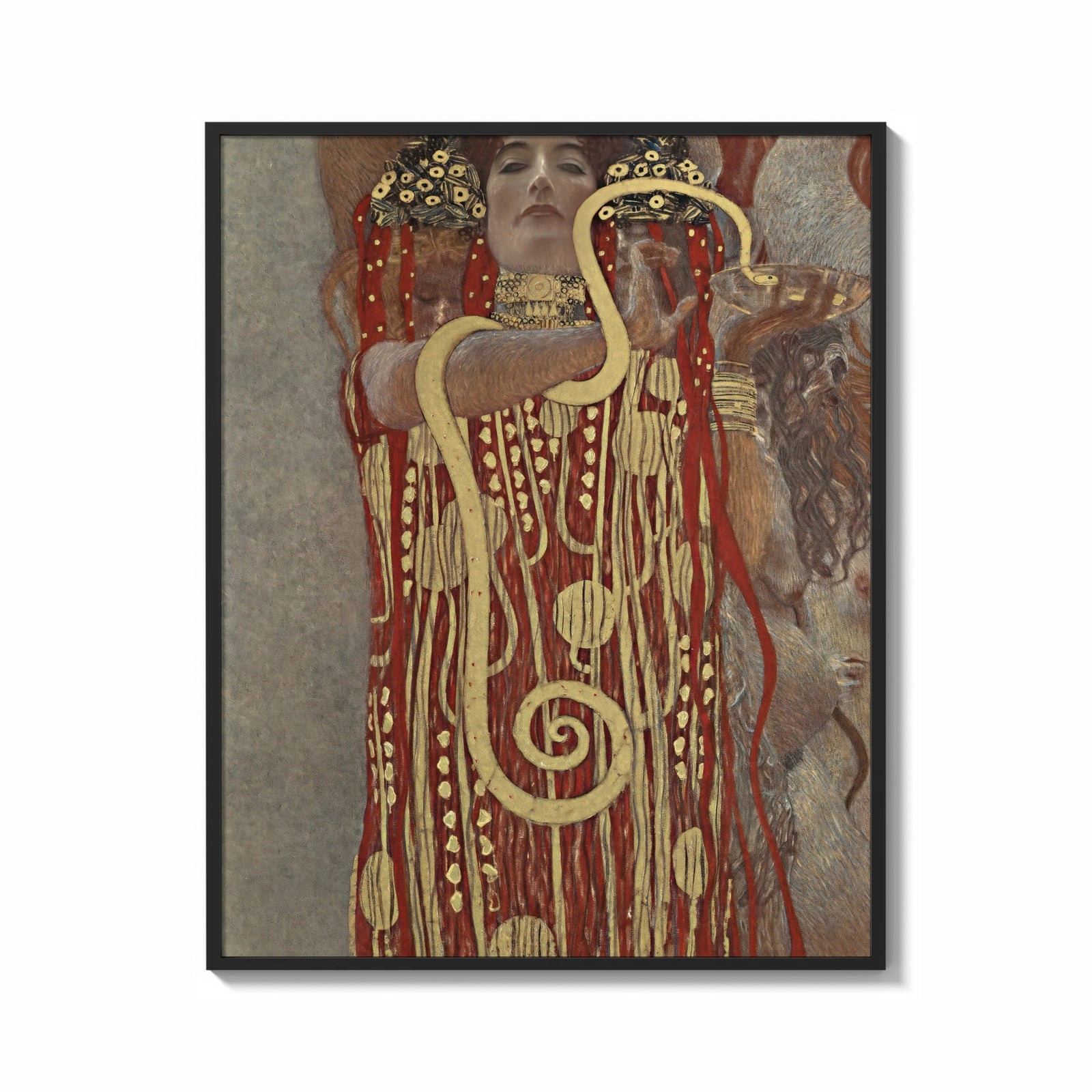 Framed Klimt's Hygieia with gold serpent vintage art print print shown as a bold statement piece on a clean gallery wall
