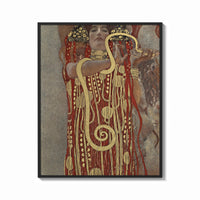 Framed Klimt's Hygieia with gold serpent vintage art print print shown as a bold statement piece on a clean gallery wall