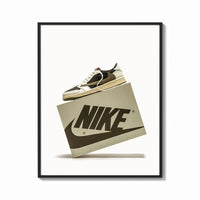Framed Air Jordan 1 Travis Scott Olive Sneaker print shown as a bold statement piece on a clean gallery wall