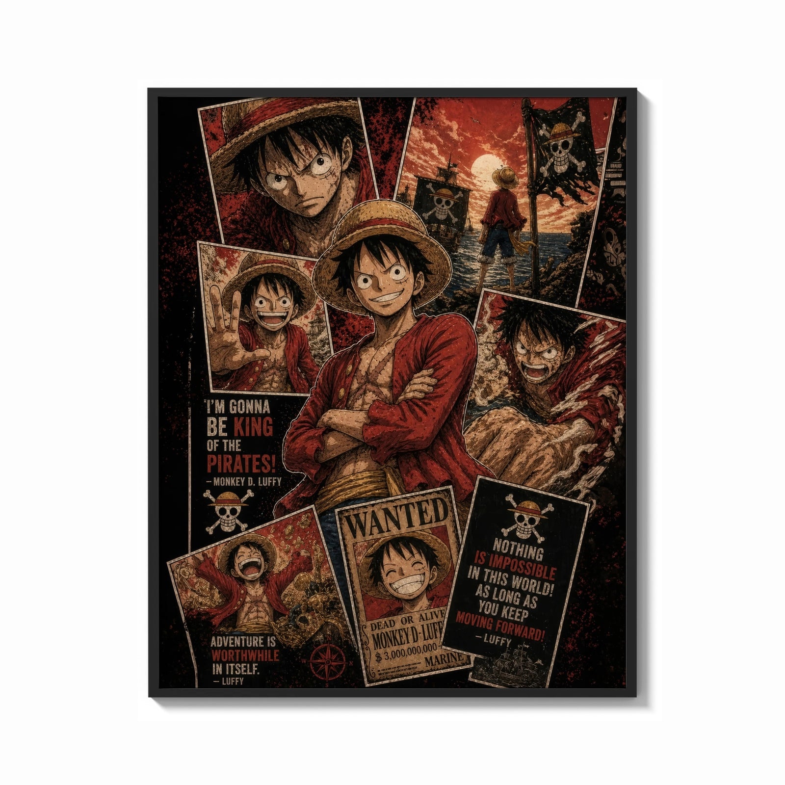 Framed Monkey D. Luffy One Piece Wanted framed poster print shown as a bold statement piece on a clean gallery wall
