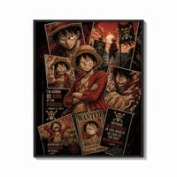 Framed Monkey D. Luffy One Piece Wanted framed poster print shown as a bold statement piece on a clean gallery wall
