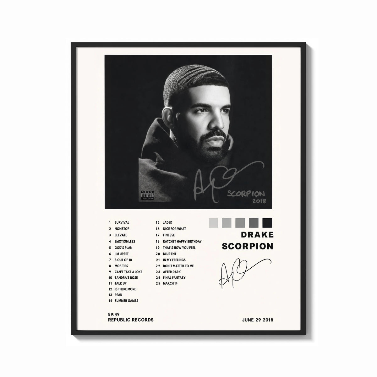 Framed Drake Scorpion Album Tracklist print shown as a bold statement piece on a clean gallery wall