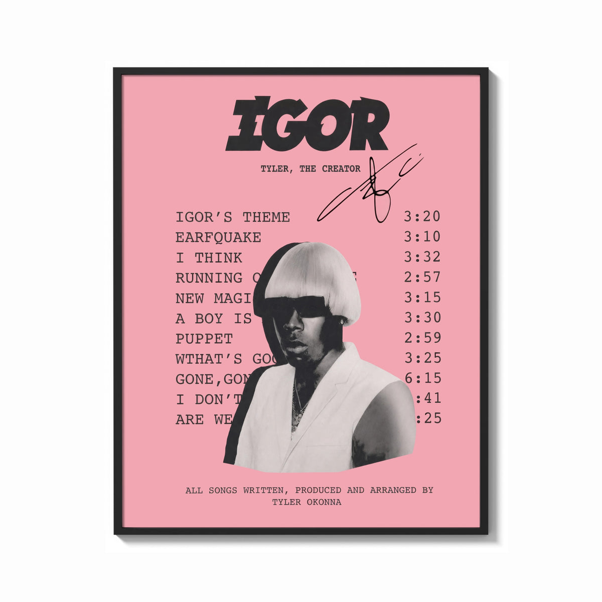 Framed Pink Tyler, the Creator IGOR Tracklist print shown as a bold statement piece on a clean gallery wall