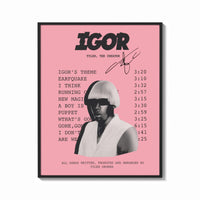 Framed Pink Tyler, the Creator IGOR Tracklist print shown as a bold statement piece on a clean gallery wall