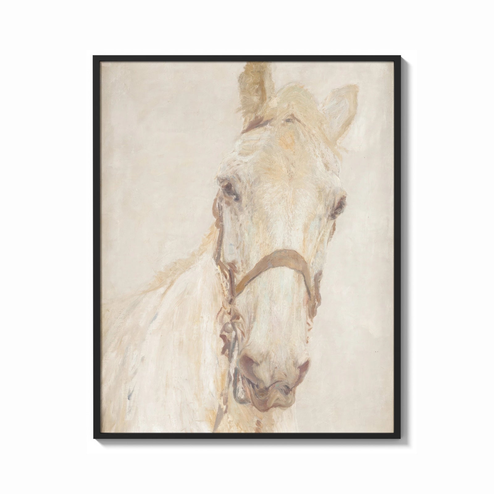 Framed white horse head portrait with bridle vintage art print print shown as a bold statement piece on a clean gallery wall
