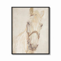 Framed white horse head portrait with bridle vintage art print print shown as a bold statement piece on a clean gallery wall