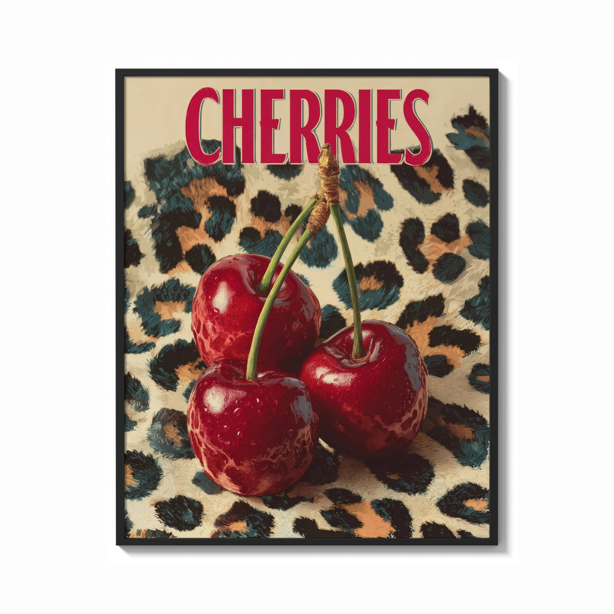 Framed Cherries on Leopard print shown as a bold statement piece on a clean gallery wall