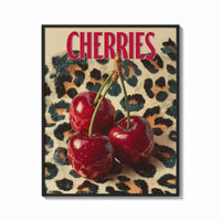 Framed Cherries on Leopard print shown as a bold statement piece on a clean gallery wall