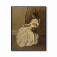 Framed seated woman in white dress vintage art print print shown as a bold statement piece on a clean gallery wall