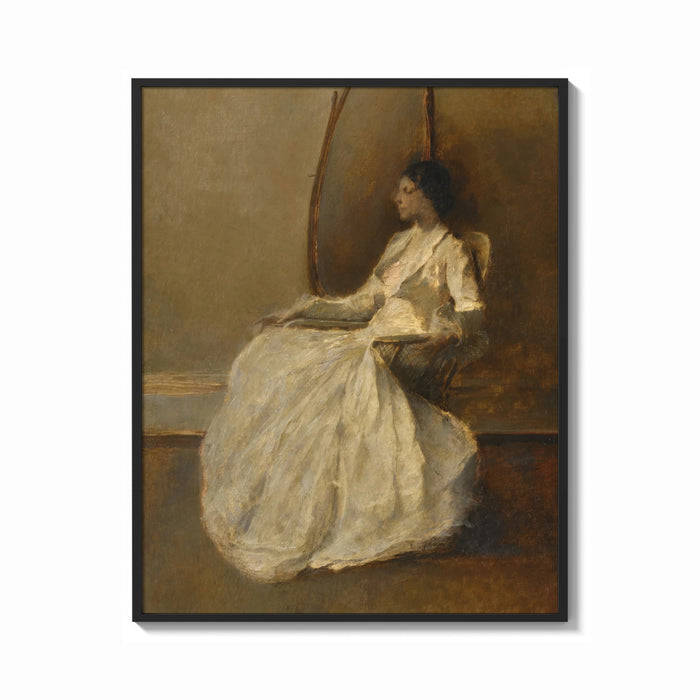 Framed seated woman in white dress vintage art print print shown as a bold statement piece on a clean gallery wall