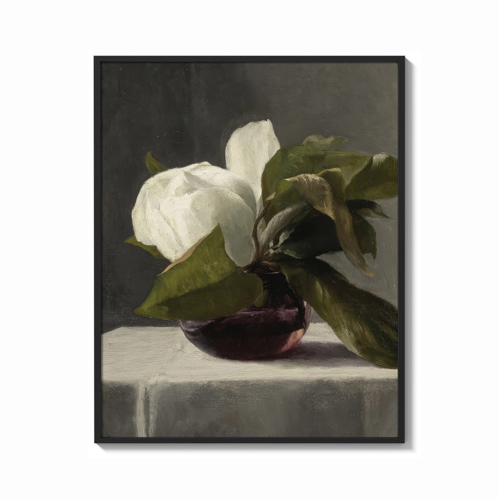Framed white peony in dark glass vase vintage art print print shown as a bold statement piece on a clean gallery wall