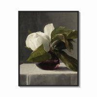 Framed white peony in dark glass vase vintage art print print shown as a bold statement piece on a clean gallery wall