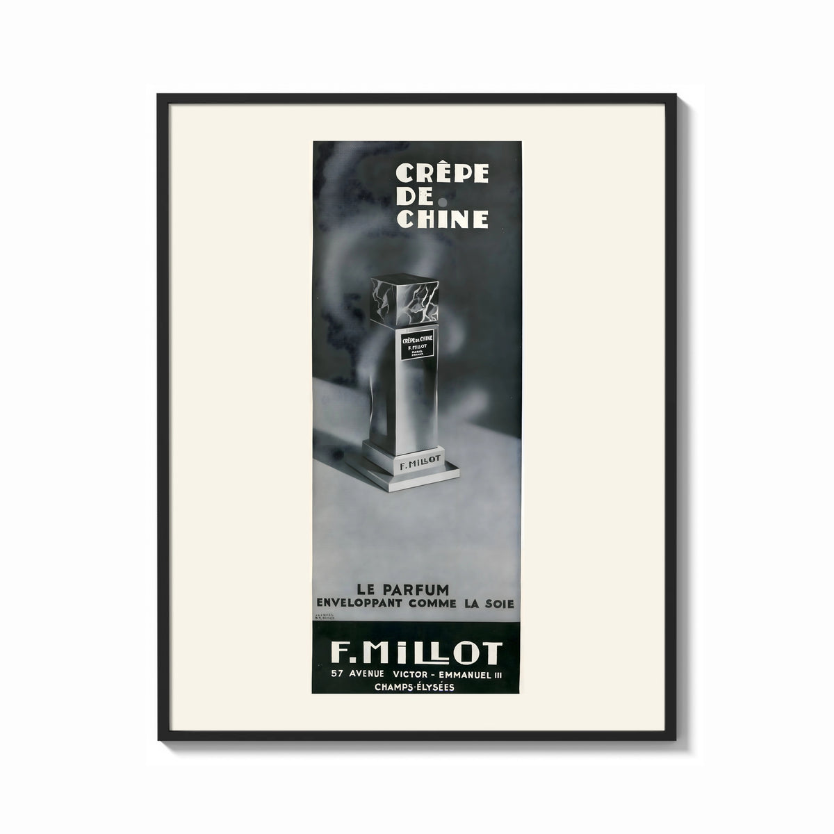 Framed Crepe de Chine Millot Parfum print shown as a bold statement piece on a clean gallery wall
