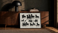 three rows of black ink horses vintage art print print in a black frame leaning against a walnut console in lamplight