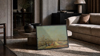 workers tending a colorful tulip field vintage art print print in a slim black frame leaning on a travertine coffee table