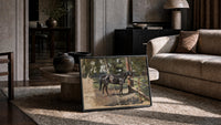 horse standing at a wooden fence in woods vintage art print print in a slim black frame leaning on a travertine coffee table