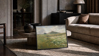spring meadow with wild poppies and daisies vintage art print print in a slim black frame leaning on a travertine coffee…