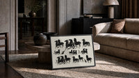 three rows of black ink horses vintage art print print in a slim black frame leaning on a travertine coffee table
