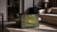 girl reading in a hammock vintage art print print in a slim black frame leaning on a travertine coffee table