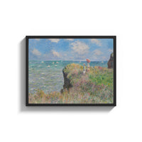 Framed woman with red parasol on a flowering cliff vintage art print print shown as a wide statement piece on a clean…