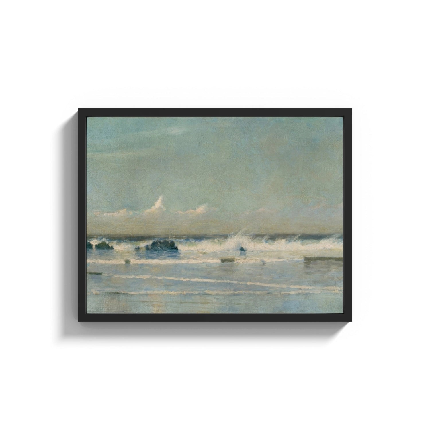 Framed waves breaking on shore vintage art print print shown as a wide statement piece on a clean white wall