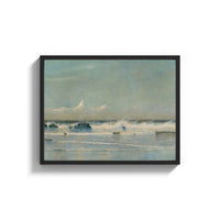 Framed waves breaking on shore vintage art print print shown as a wide statement piece on a clean white wall
