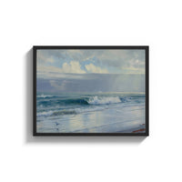 Framed ocean waves and clouds vintage art print print shown as a wide statement piece on a clean white wall
