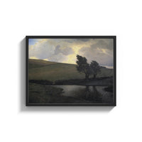 Framed rolling hills, pond, and windswept trees under dramatic clou vintage art print print shown as a wide statement…