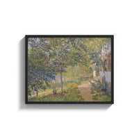 Framed sun-dappled garden path beside a cottage vintage art print print shown as a wide statement piece on a clean white wall