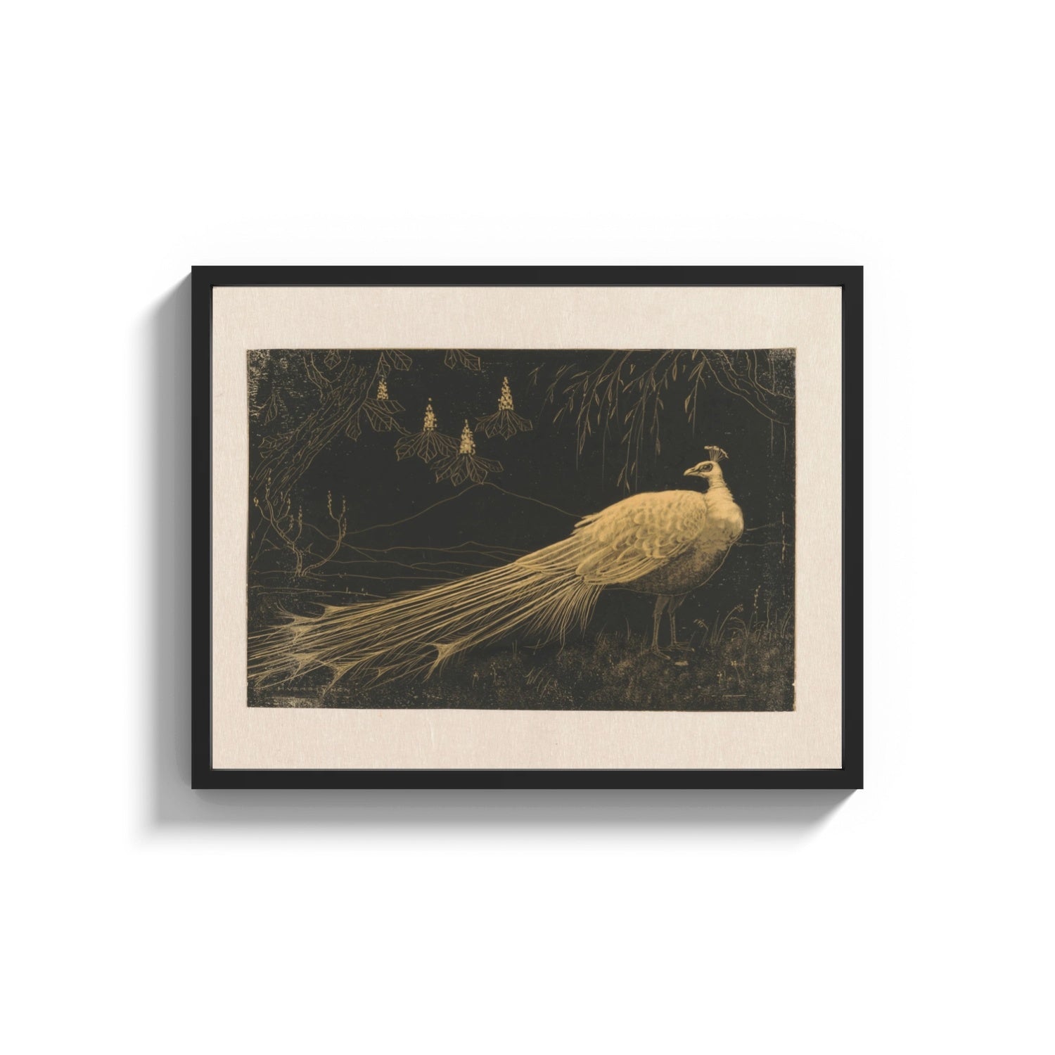Framed peacock in a moonlit garden vintage art print print shown as a wide statement piece on a clean white wall