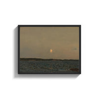 Framed moonrise over calm sea vintage art print print shown as a wide statement piece on a clean white wall