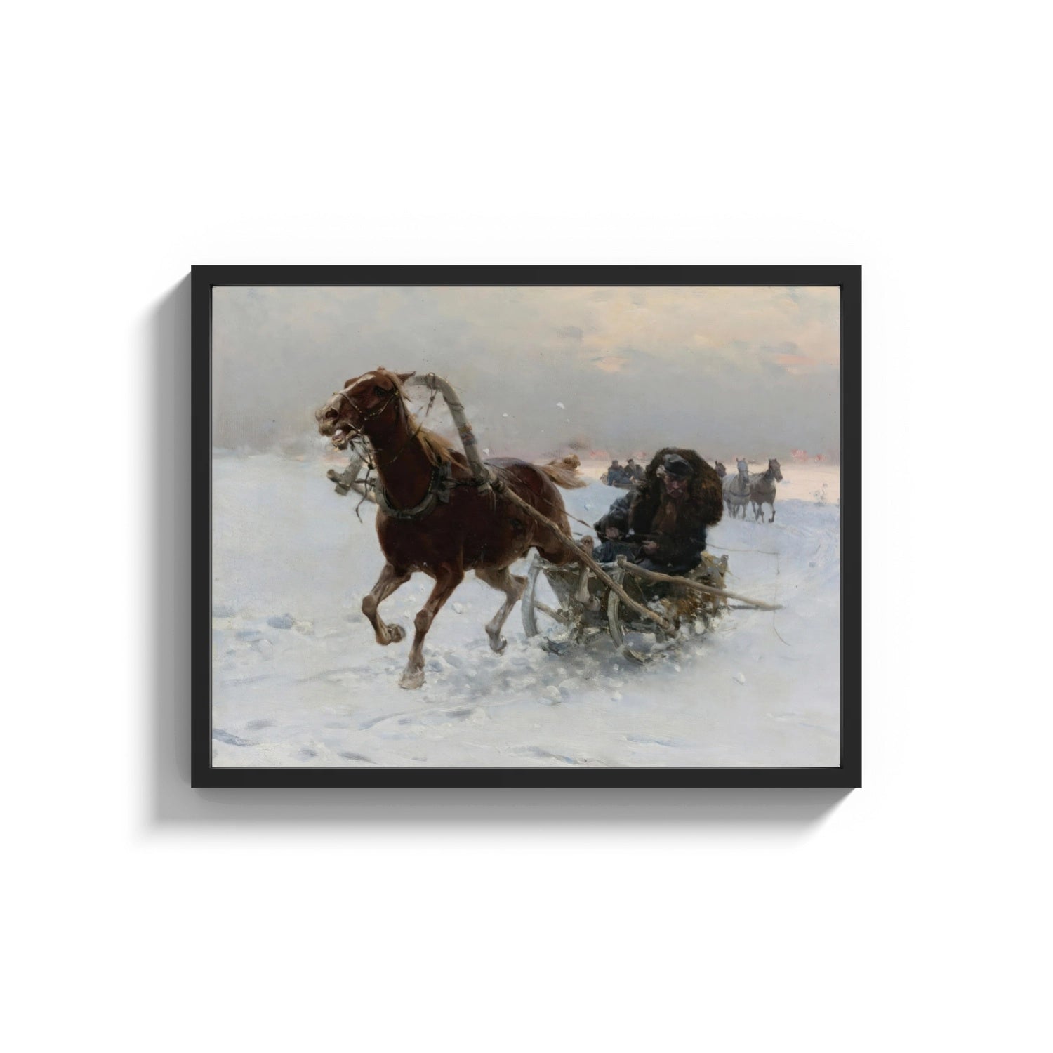 Framed horse-drawn sledge racing through snow vintage art print print shown as a wide statement piece on a clean white wall