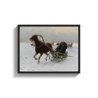 Framed horse-drawn sledge racing through snow vintage art print print shown as a wide statement piece on a clean white wall