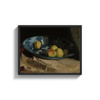 Framed apples and quince in a porcelain bowl vintage art print print shown as a wide statement piece on a clean white wall