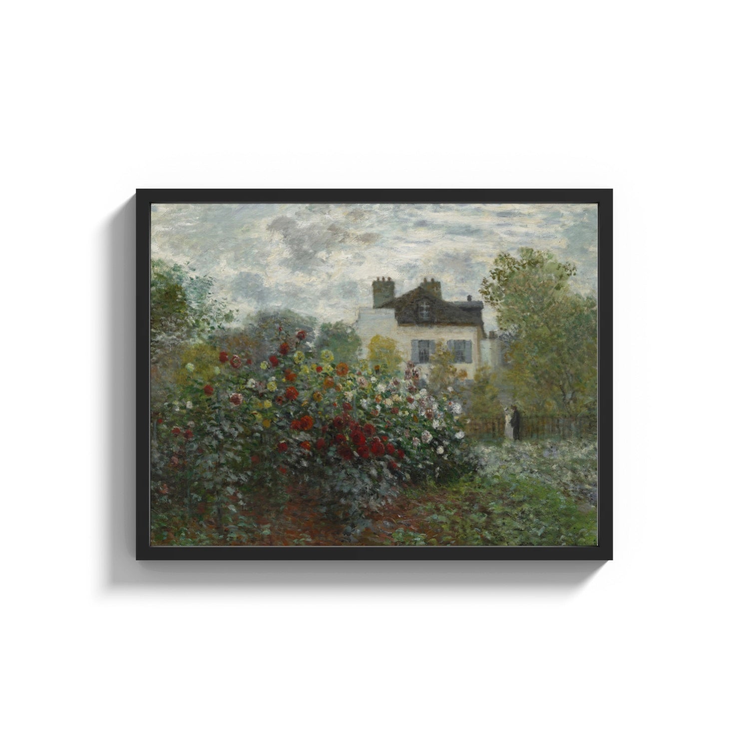 Framed flowering garden with a cottage vintage art print print shown as a wide statement piece on a clean white wall