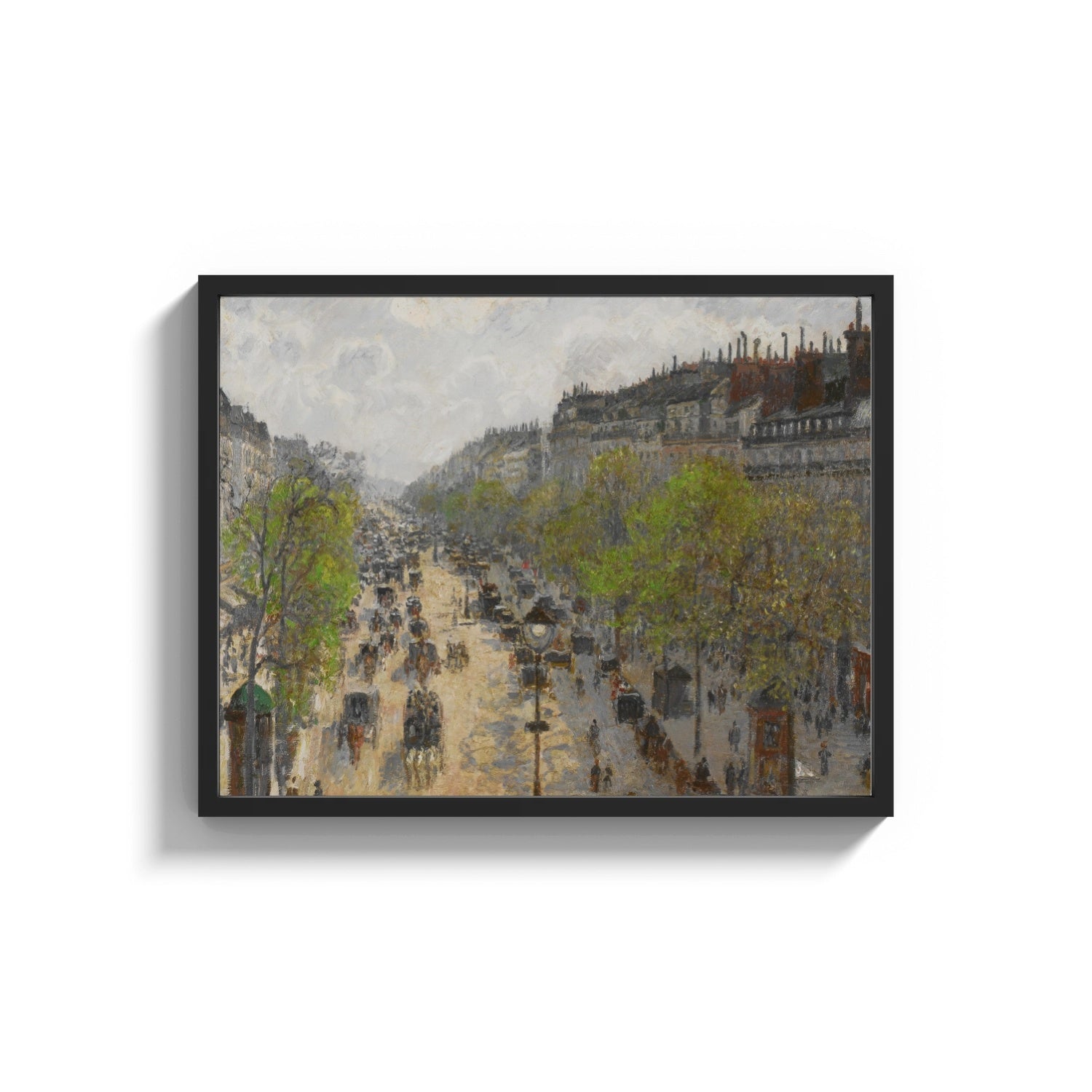 Framed Parisian boulevard with carriages vintage art print print shown as a wide statement piece on a clean white wall