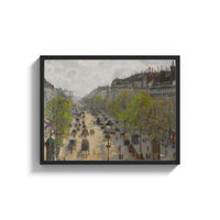 Framed Parisian boulevard with carriages vintage art print print shown as a wide statement piece on a clean white wall