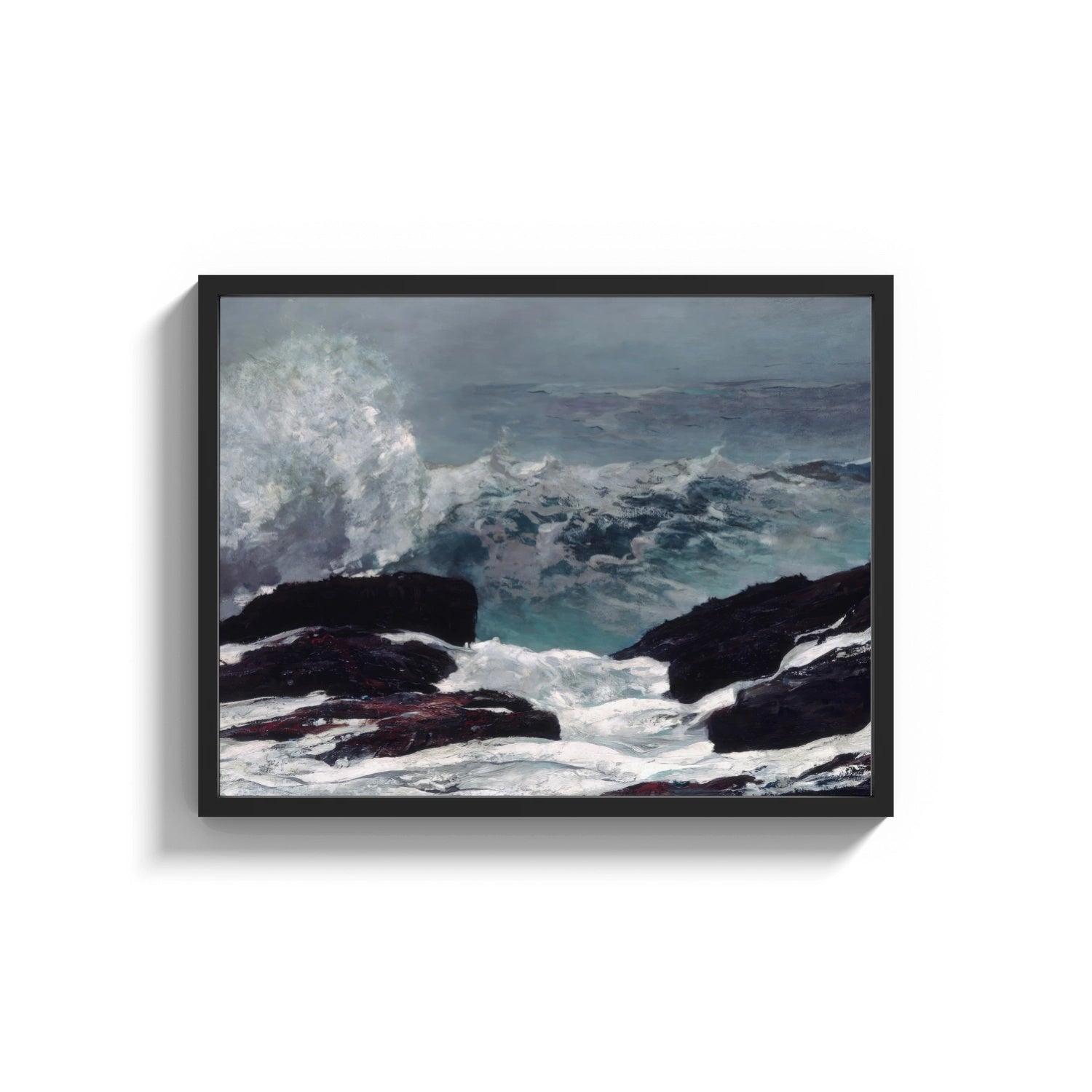Framed wave crashing on rocky coast vintage art print print shown as a wide statement piece on a clean white wall