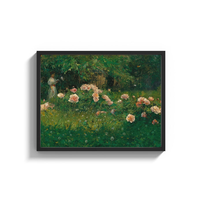 Framed woman reading among roses vintage art print shown as a wide statement piece on a clean white wall