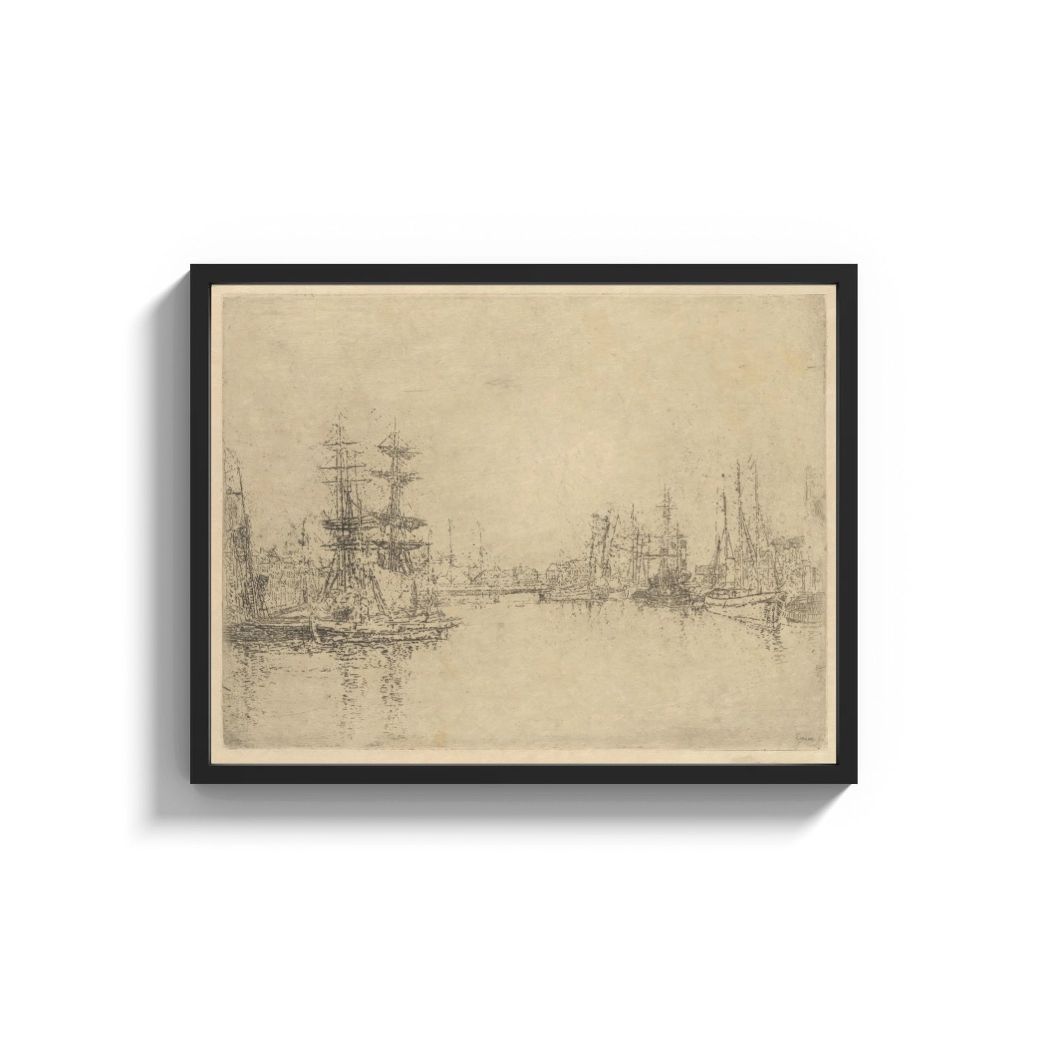 Framed tall ships in a harbor vintage art print print shown as a wide statement piece on a clean white wall