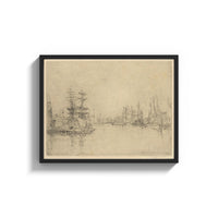 Framed tall ships in a harbor vintage art print print shown as a wide statement piece on a clean white wall