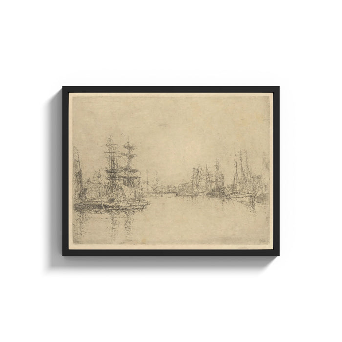 Framed tall ships in a harbor vintage art print shown as a wide statement piece on a clean white wall