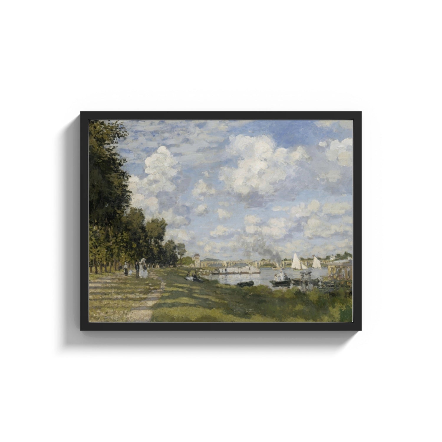 Framed riverside park with sailboats vintage art print print shown as a wide statement piece on a clean white wall