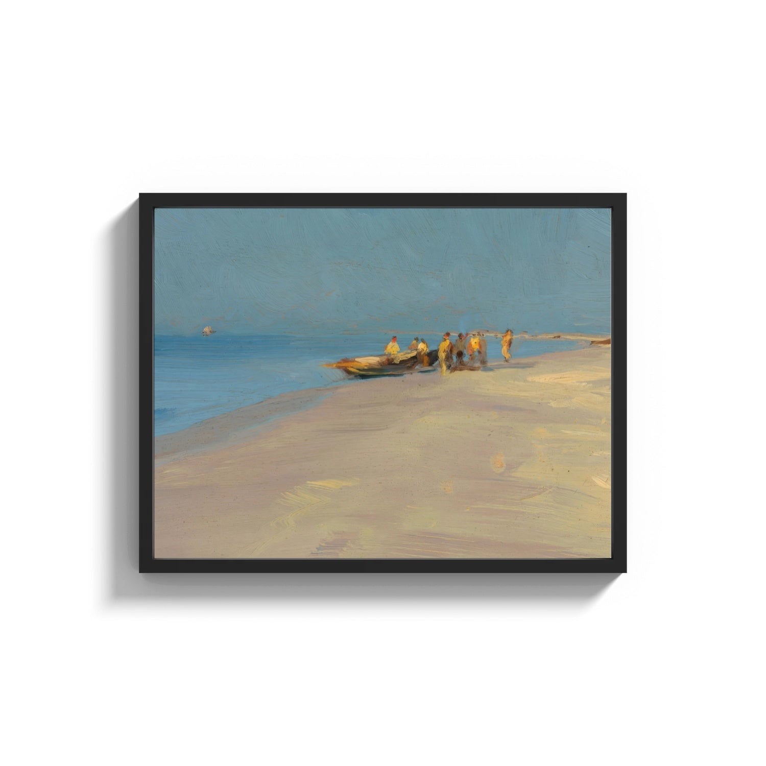 Framed fishermen hauling a boat ashore vintage art print print shown as a wide statement piece on a clean white wall