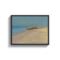 Framed fishermen hauling a boat ashore vintage art print print shown as a wide statement piece on a clean white wall